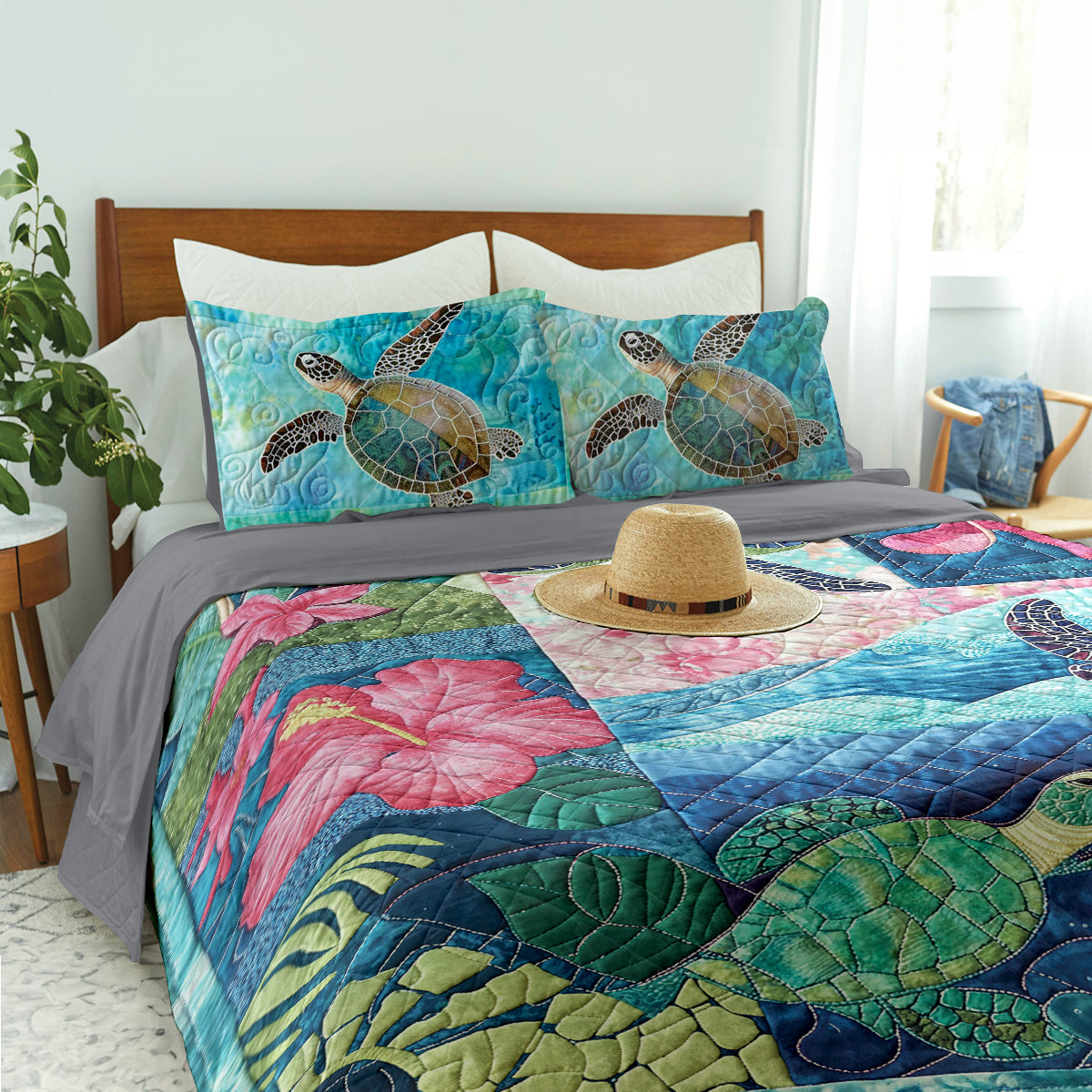 Spheregoods Quilt 3-Piece Set Sea Turtle Tropical Flower