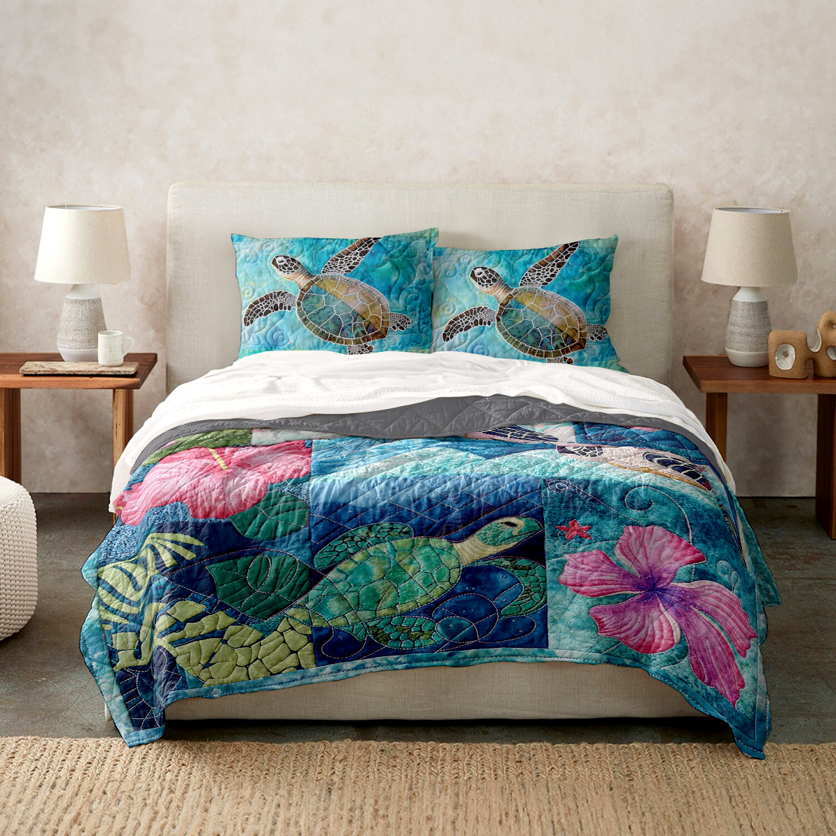 Spheregoods Quilt 3-Piece Set Sea Turtle Tropical Flower